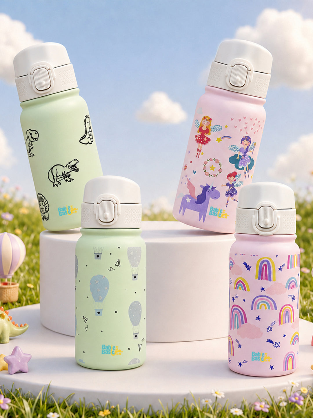 Babies Basic Kids Stainless Steel Water Bottle with Straw - 350ml – Balloon Themed - Green