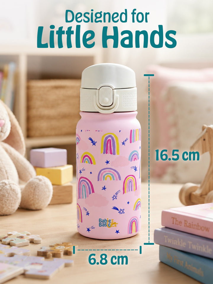 Babies Basic Kids Stainless Steel Water Bottle with Straw - 350ml – Rainbow Themed - Pink