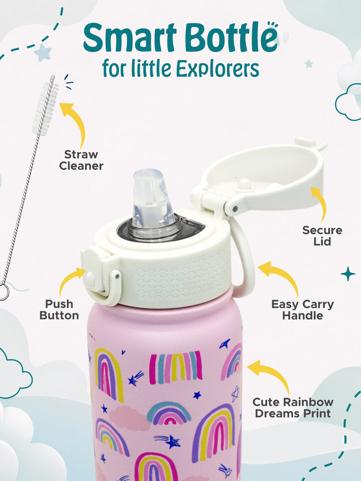 Babies Basic Kids Stainless Steel Water Bottle with Straw - 350ml – Rainbow Themed - Pink