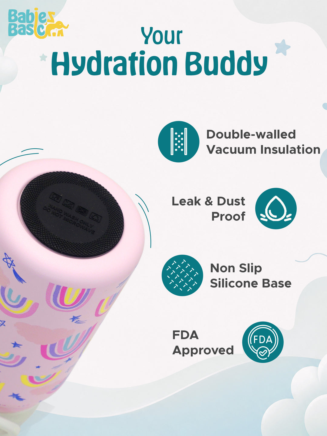 Babies Basic Kids Stainless Steel Water Bottle with Straw - 350ml – Rainbow Themed - Pink