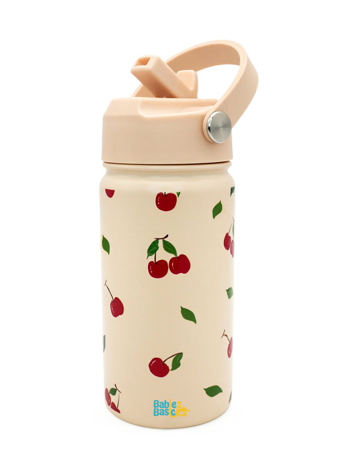 Babies Basic Kids Stainless Steel Water Bottle with Straw - 400ml – Fruit Themed - Beige