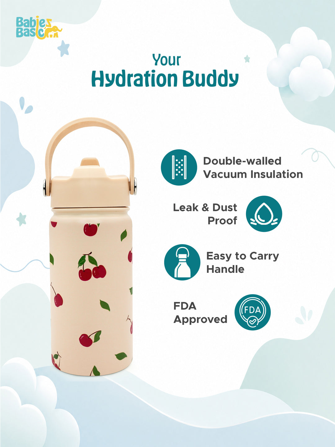 Babies Basic Insulated Bento Lunchbox with Stainless Steel Bottle, 3+ Years - Beige - Fruit