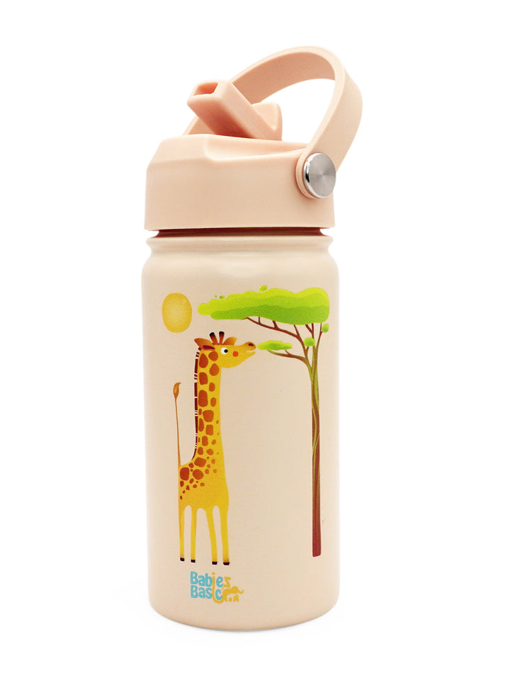 Babies Basic Kids Stainless Steel Water Bottle with Straw - 400ml – Giraffe Themed - Beige