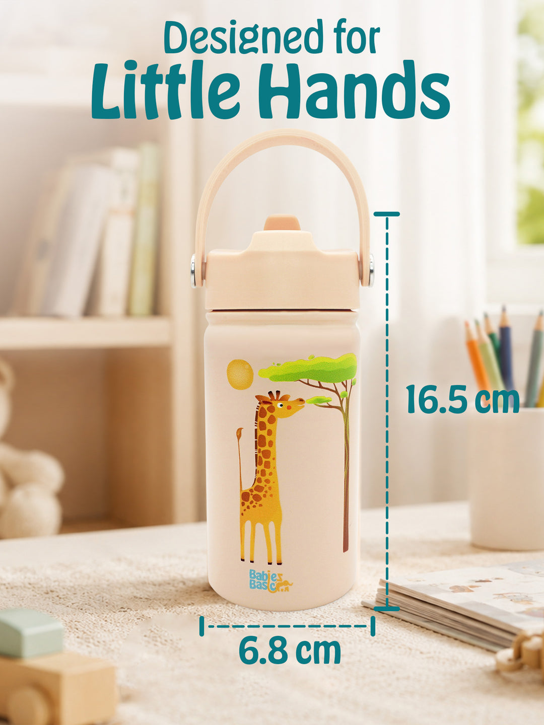Babies Basic Kids Stainless Steel Water Bottle with Straw - 400ml – Giraffe Themed - Beige