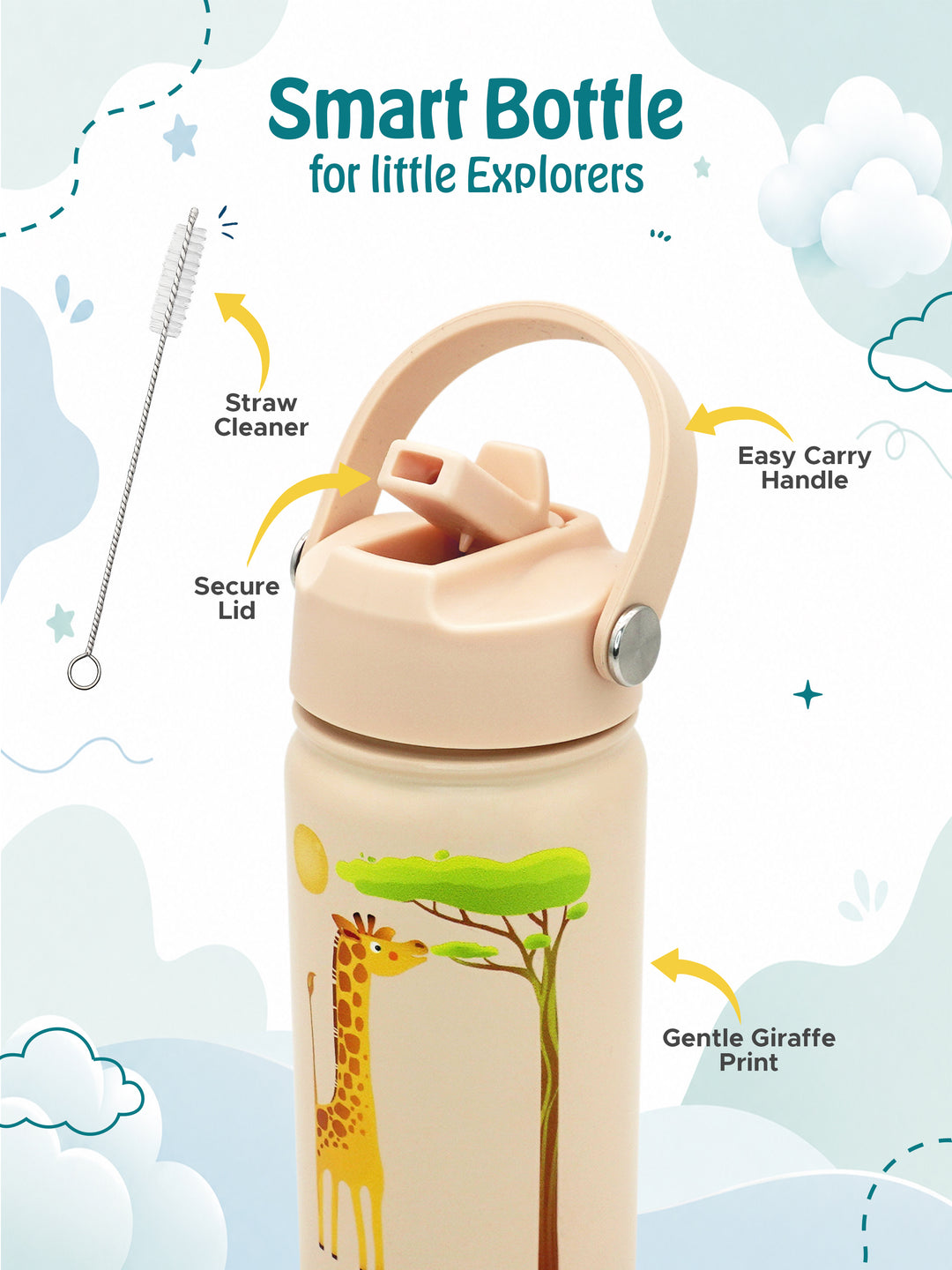 Babies Basic Kids Stainless Steel Water Bottle with Straw - 400ml – Giraffe Themed - Beige