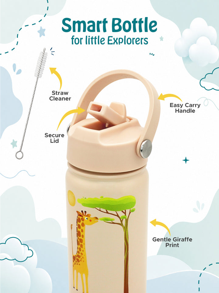 Babies Basic Kids Stainless Steel Water Bottle with Straw - 400ml – Giraffe Themed - Beige