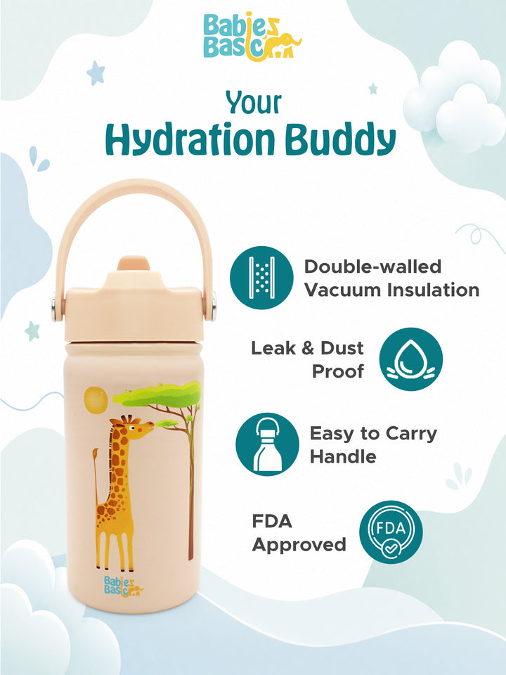 Babies Basic Kids Stainless Steel Water Bottle with Straw - 400ml – Giraffe Themed - Beige