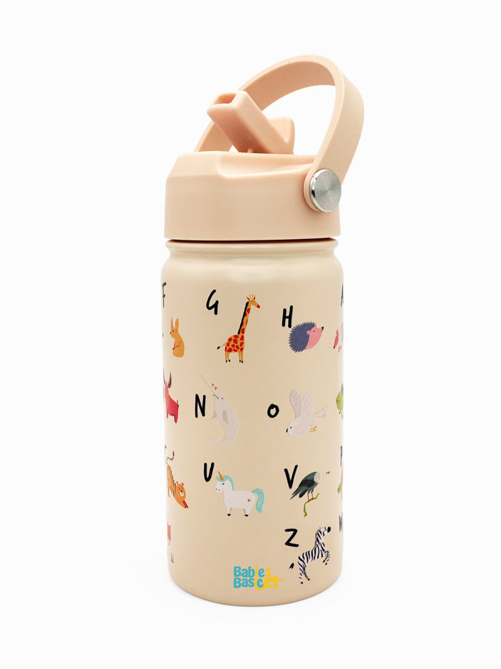 Babies Basic Kids Stainless Steel Water Bottle with Straw - 400ml – English Alphabets Themed - Beige