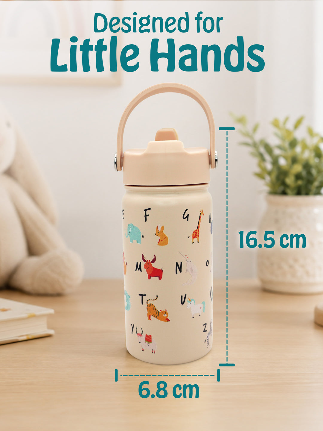 Babies Basic Kids Stainless Steel Water Bottle with Straw - 400ml – English Alphabets Themed - Beige