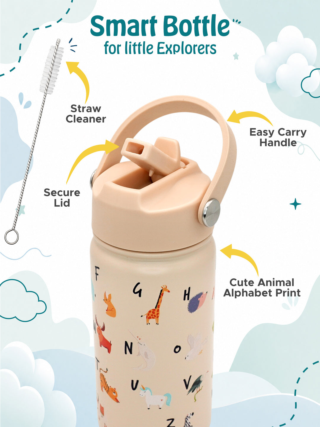 Babies Basic Kids Stainless Steel Water Bottle with Straw - 400ml – English Alphabets Themed - Beige