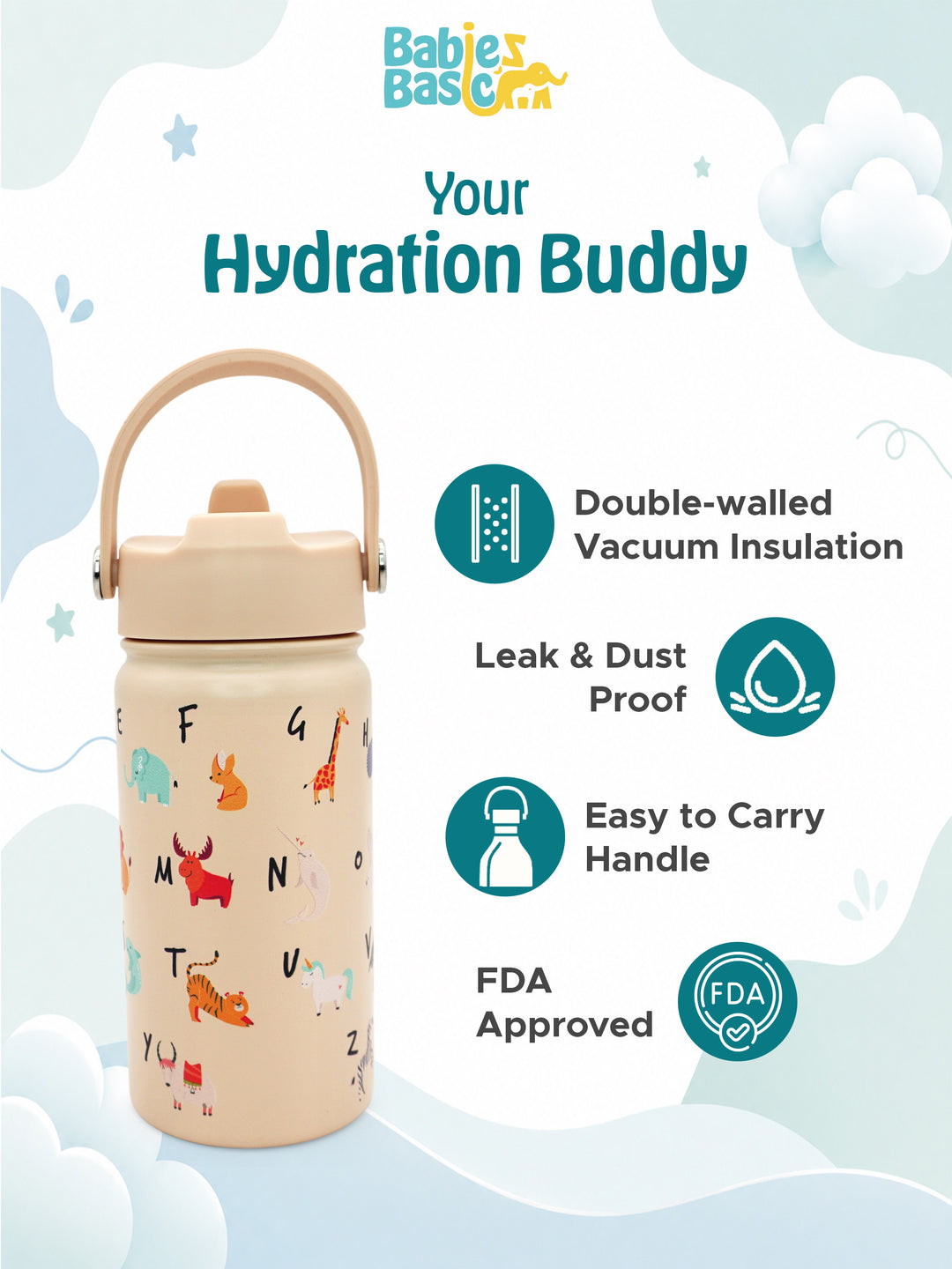 Babies Basic Kids Stainless Steel Water Bottle with Straw - 400ml – English Alphabets Themed - Beige