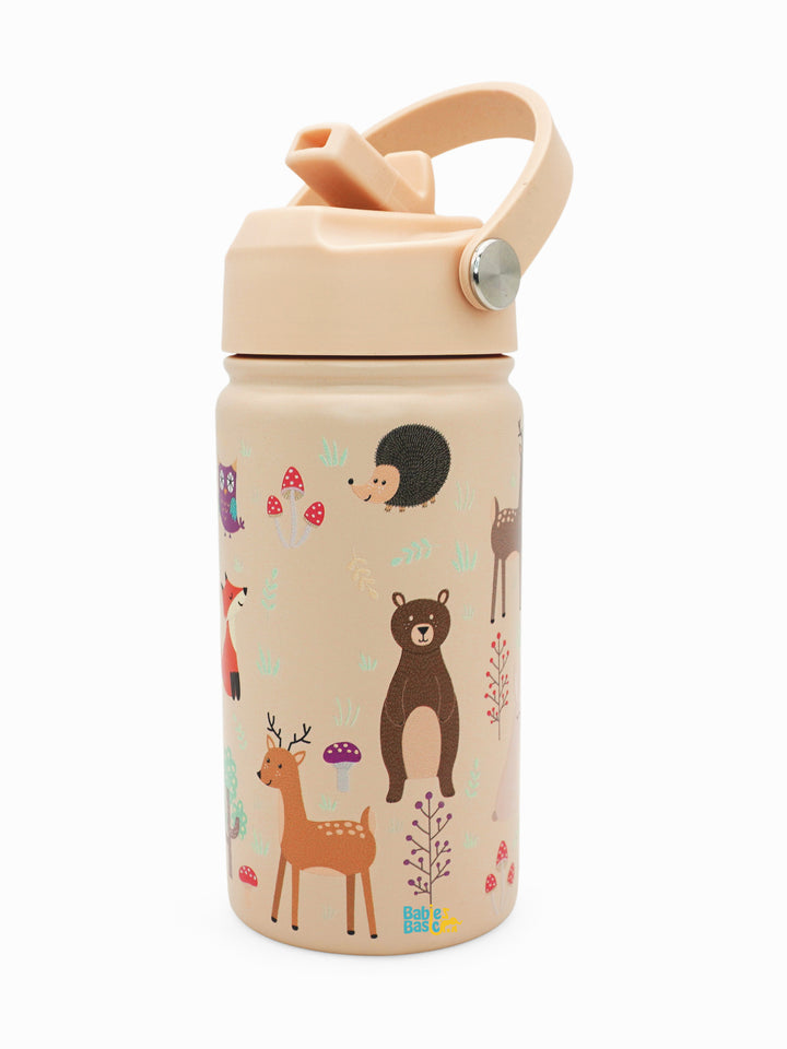 Babies Basic Kids Stainless Steel Water Bottle with Straw - 400ml – Zoo Themed - Beige