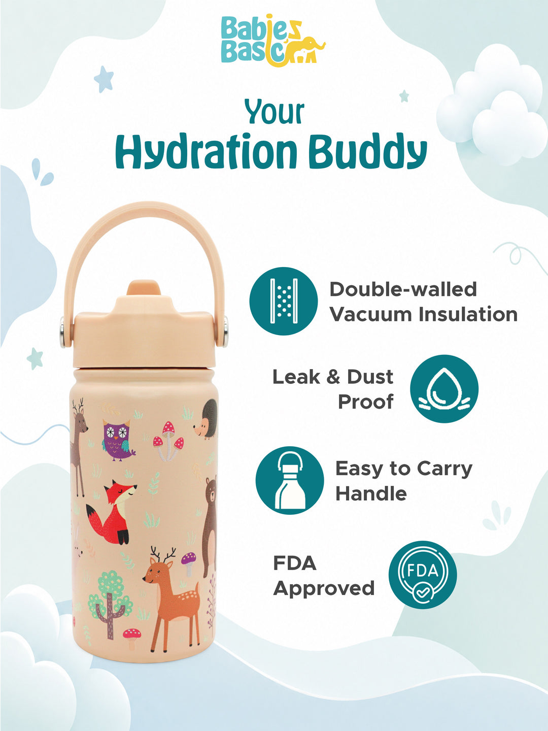 Babies Basic Kids Stainless Steel Water Bottle with Straw - 400ml – Zoo Themed - Beige