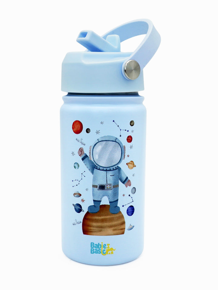 Babies Basic Kids Stainless Steel Water Bottle with Straw - 400ml – Astronaut Themed - Blue