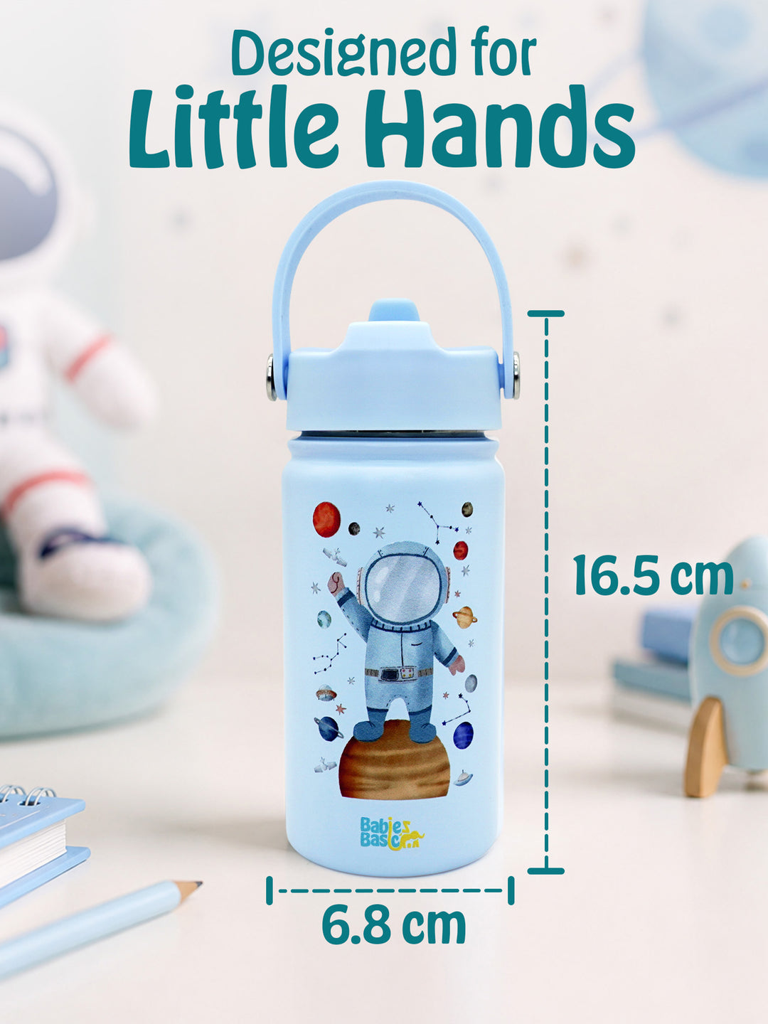 Babies Basic Kids Stainless Steel Water Bottle with Straw - 400ml – Astronaut Themed - Blue