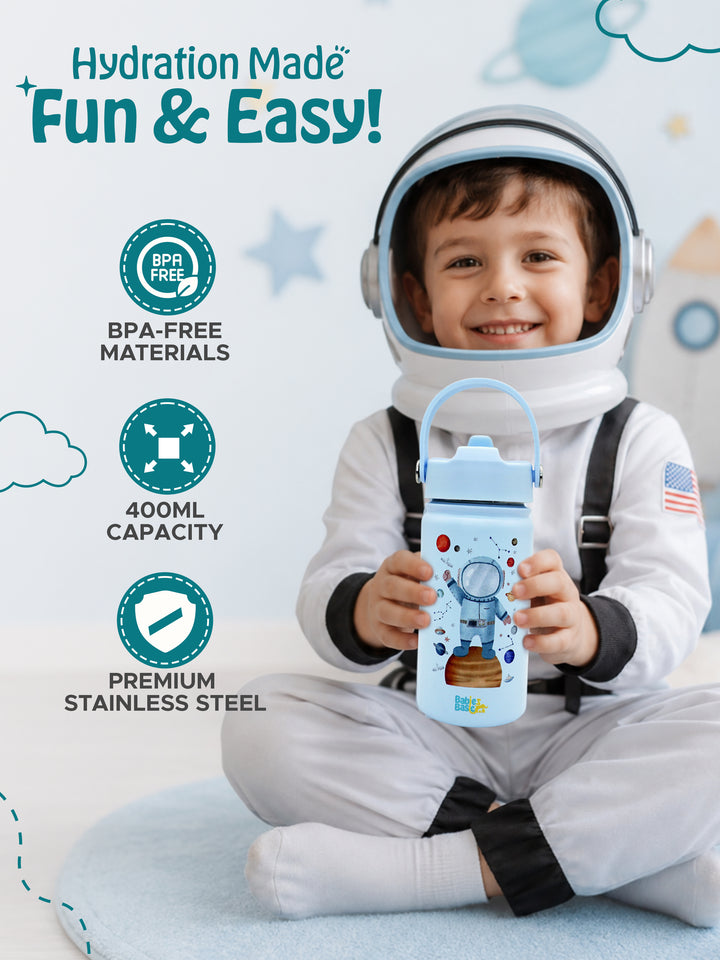Babies Basic Kids Stainless Steel Water Bottle with Straw - 400ml – Astronaut Themed - Blue