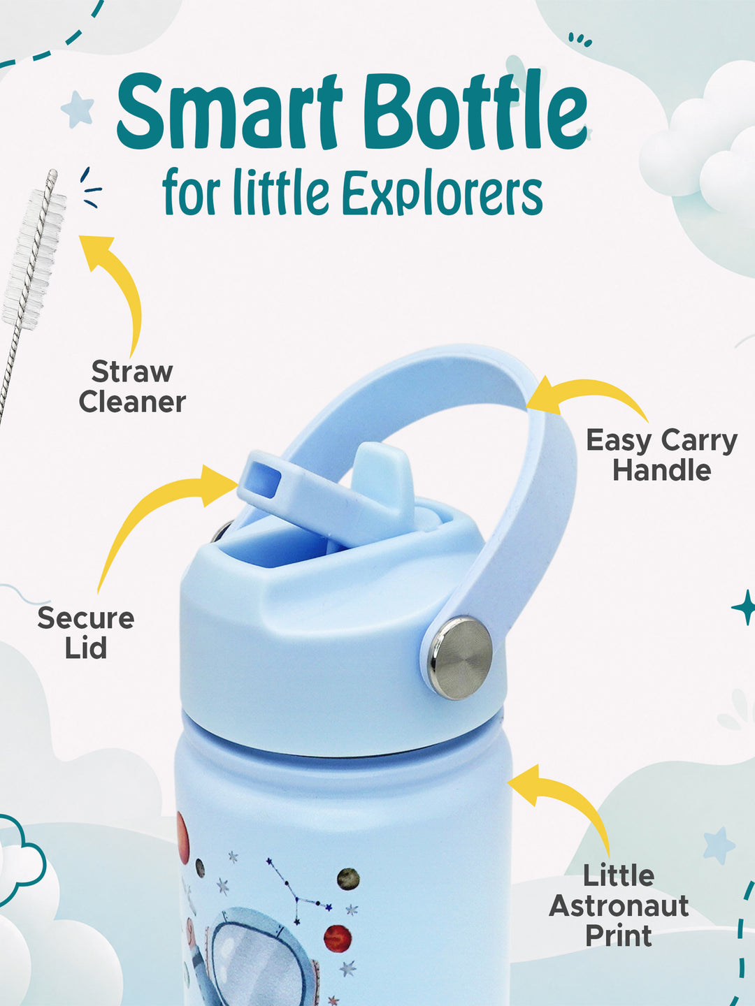 Babies Basic Kids Stainless Steel Water Bottle with Straw - 400ml – Astronaut Themed - Blue