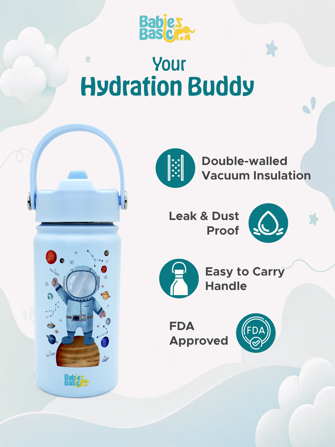 Babies Basic Kids Stainless Steel Water Bottle with Straw - 400ml – Astronaut Themed - Blue