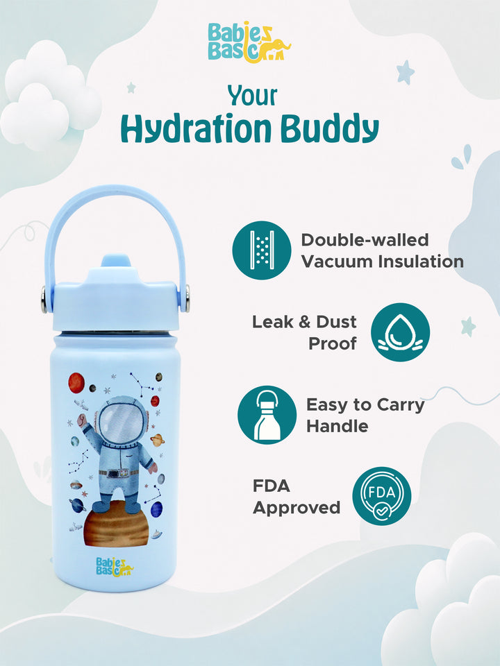Babies Basic Kids Stainless Steel Water Bottle with Straw - 400ml – Astronaut Themed - Blue