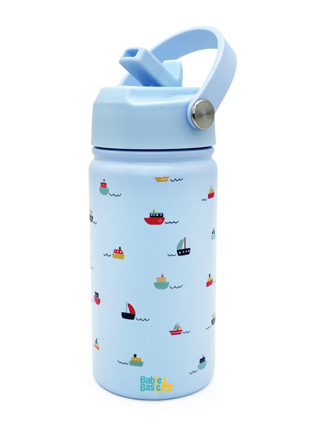 Babies Basic Kids Stainless Steel Water Bottle with Straw - 400ml – Boat Themed - Blue