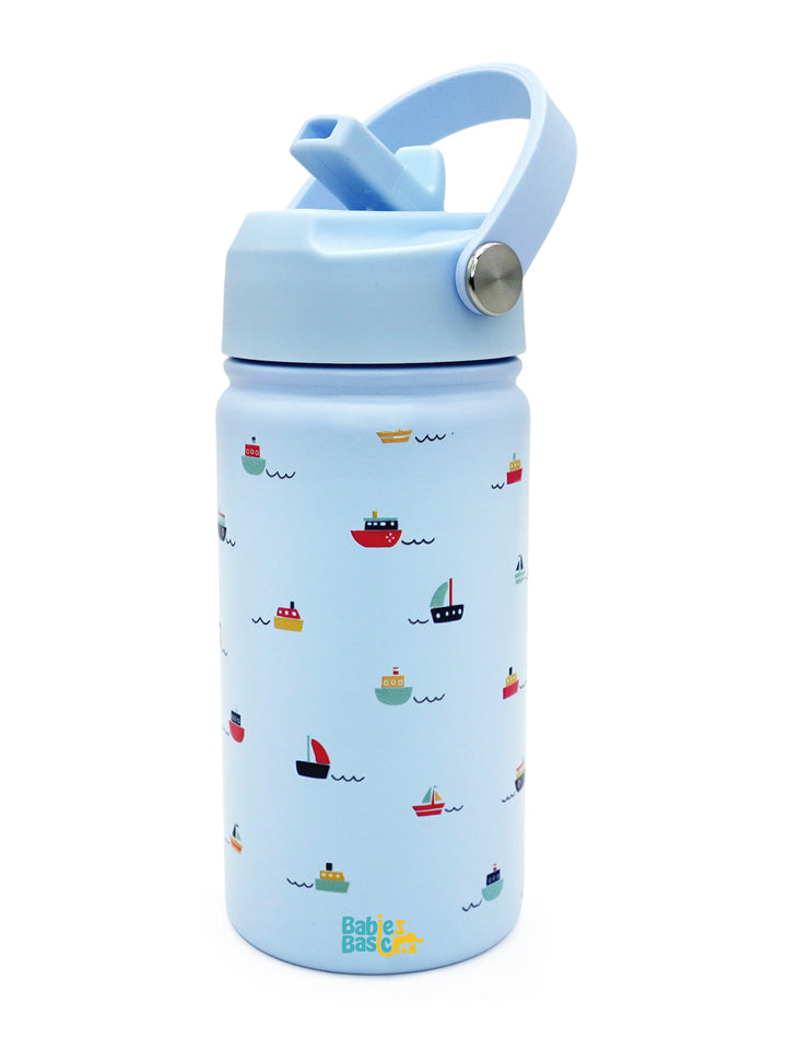 Babies Basic Kids Stainless Steel Water Bottle with Straw - 400ml – Boat Themed - Blue
