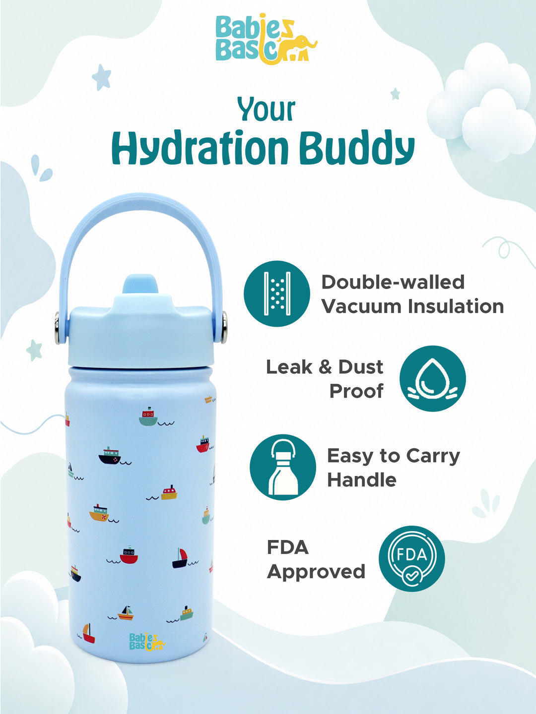 Babies Basic Insulated Bento Lunchbox with Stainless Steel Bottle, 3+ Years - Blue - Boat