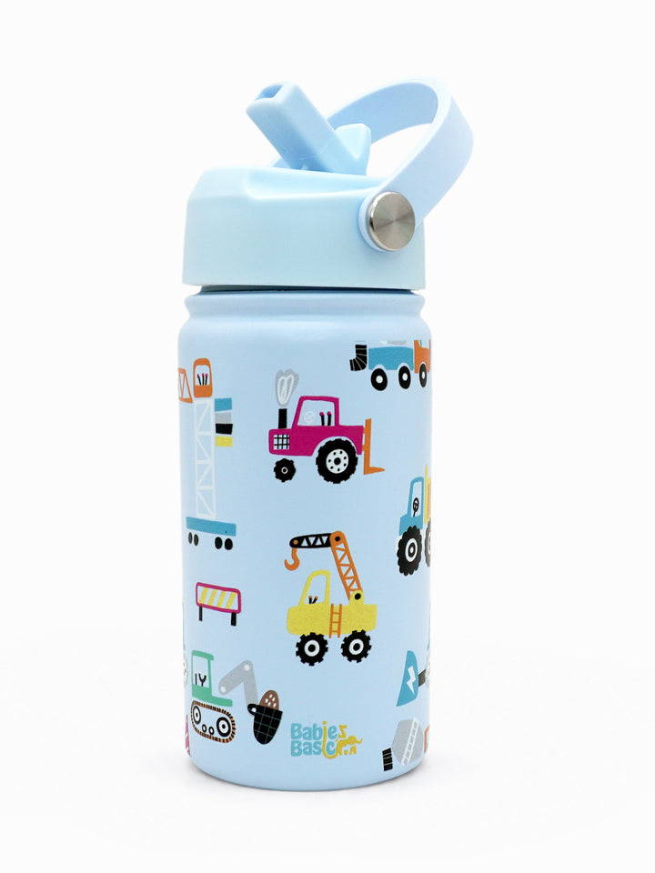 Babies Basic Kids Stainless Steel Water Bottle with Straw - 400ml – Transport Themed - Blue