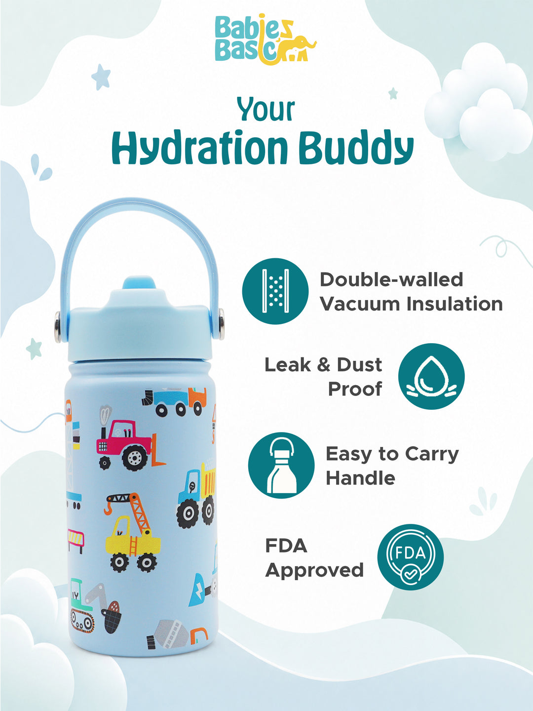Babies Basic Insulated Bento Lunchbox with Stainless Steel Bottle, 3+ Years - Blue - Construction