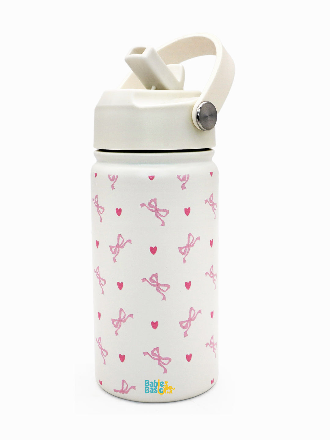 Babies Basic Kids Stainless Steel Water Bottle with Straw - 400ml – Bows Themed - Off White