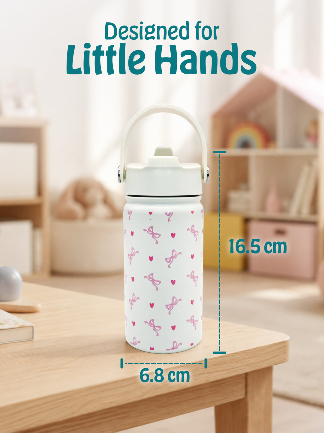 Babies Basic Kids Stainless Steel Water Bottle with Straw - 400ml – Bows Themed - Off White