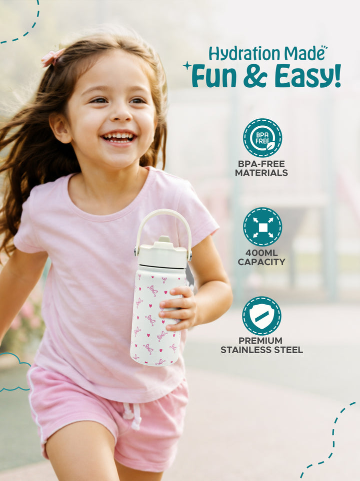Babies Basic Kids Stainless Steel Water Bottle with Straw - 400ml – Bows Themed - Off White