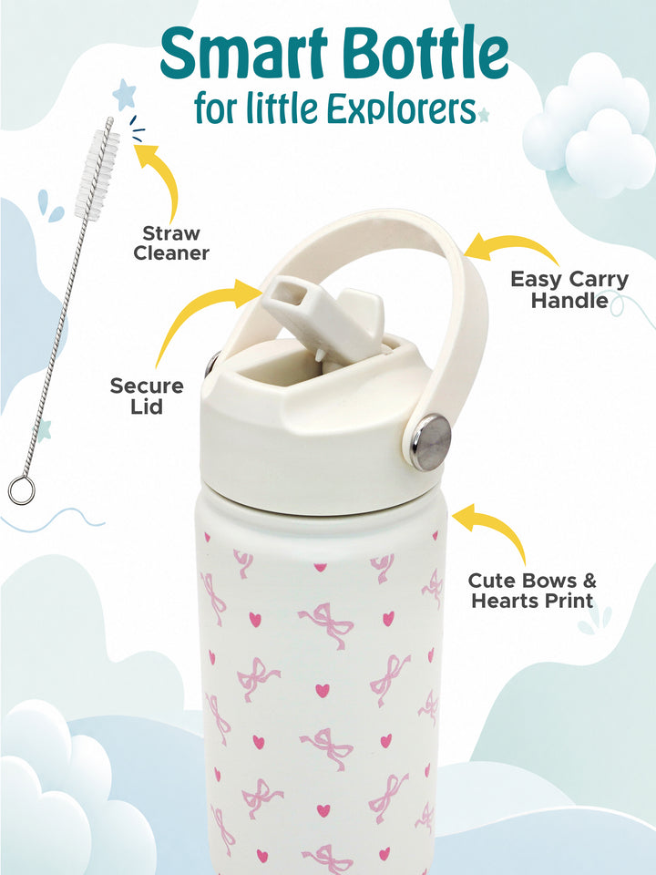 Babies Basic Kids Stainless Steel Water Bottle with Straw - 400ml – Bows Themed - Off White