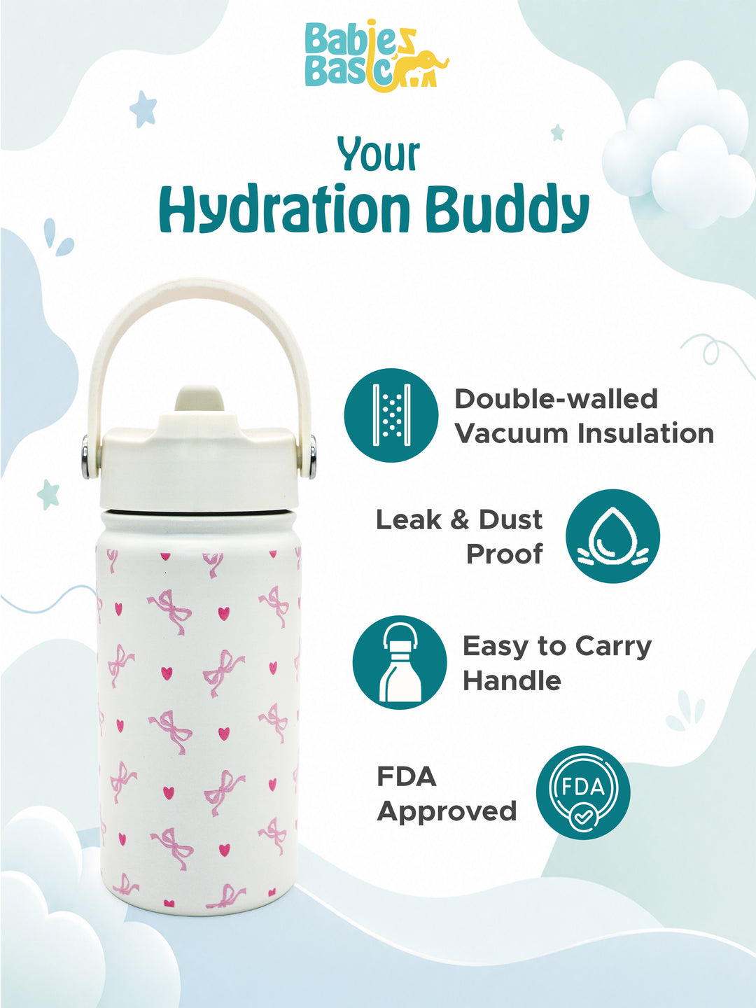 Babies Basic Kids Stainless Steel Water Bottle with Straw - 400ml – Bows Themed - Off White