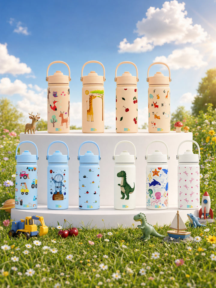 Babies Basic Kids Stainless Steel Water Bottle with Straw - 400ml – Bows Themed - Off White