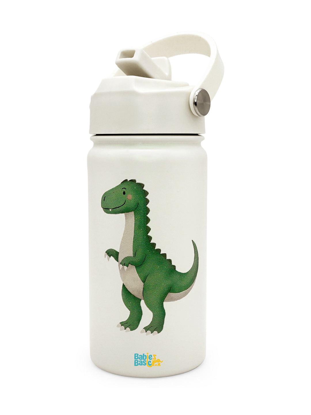 Babies Basic Kids Stainless Steel Water Bottle with Straw - 400ml – Dinosaur Themed - Off White