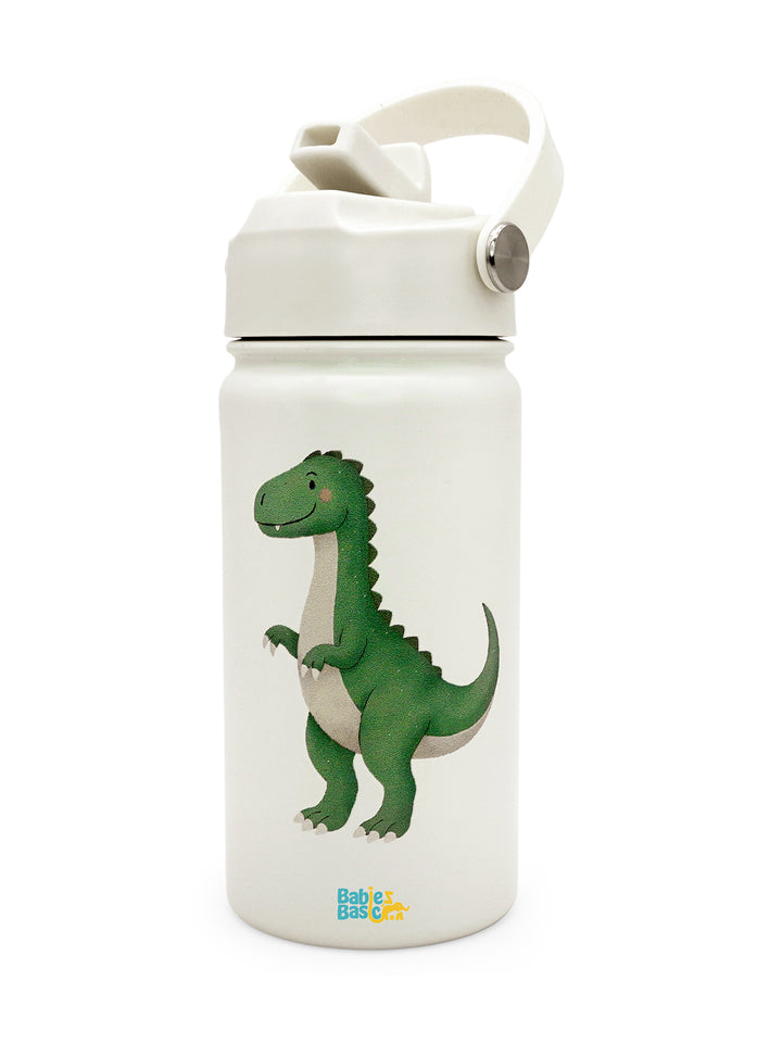 Babies Basic Kids Stainless Steel Water Bottle with Straw - 400ml – Dinosaur Themed - Off White