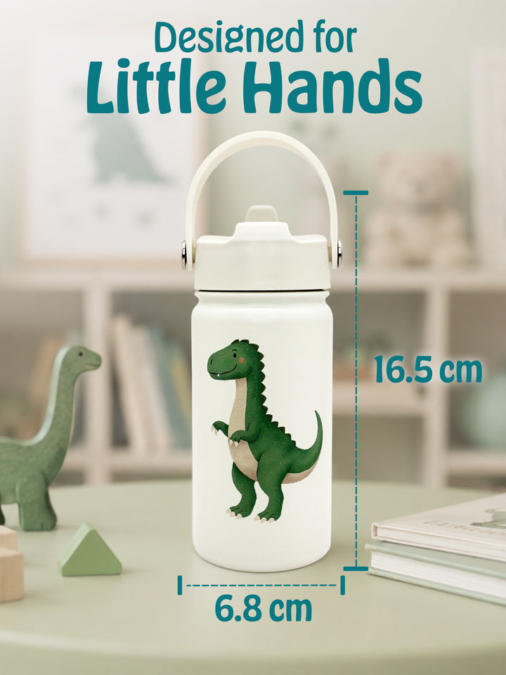 Babies Basic Kids Stainless Steel Water Bottle with Straw - 400ml – Dinosaur Themed - Off White