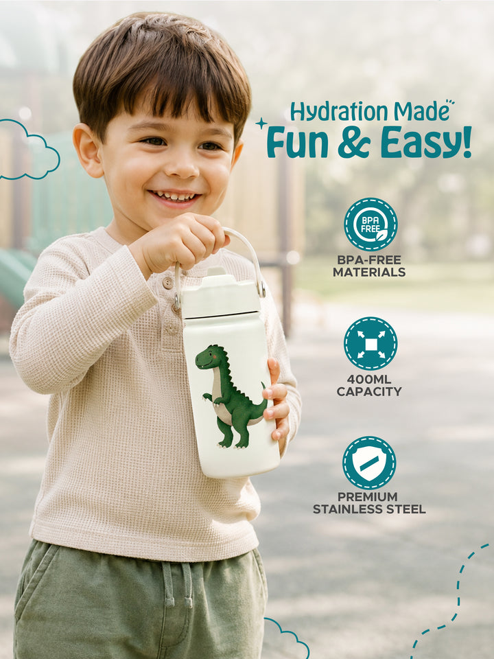 Babies Basic Kids Stainless Steel Water Bottle with Straw - 400ml – Dinosaur Themed - Off White