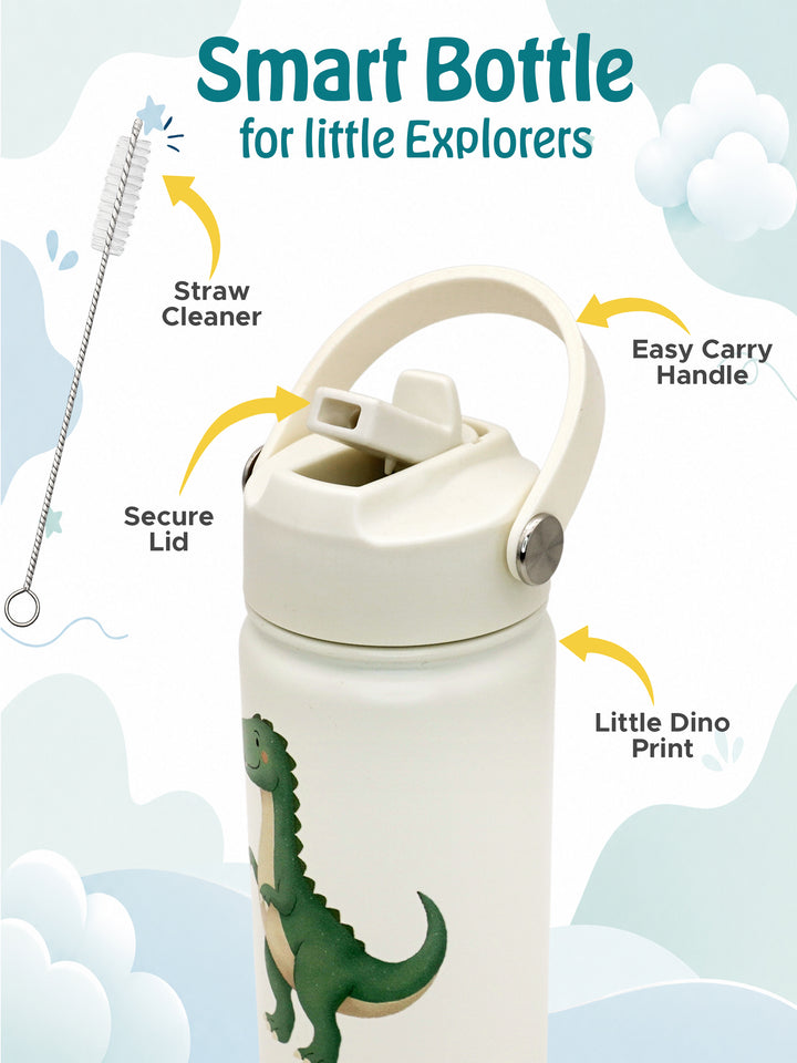 Babies Basic Kids Stainless Steel Water Bottle with Straw - 400ml – Dinosaur Themed - Off White