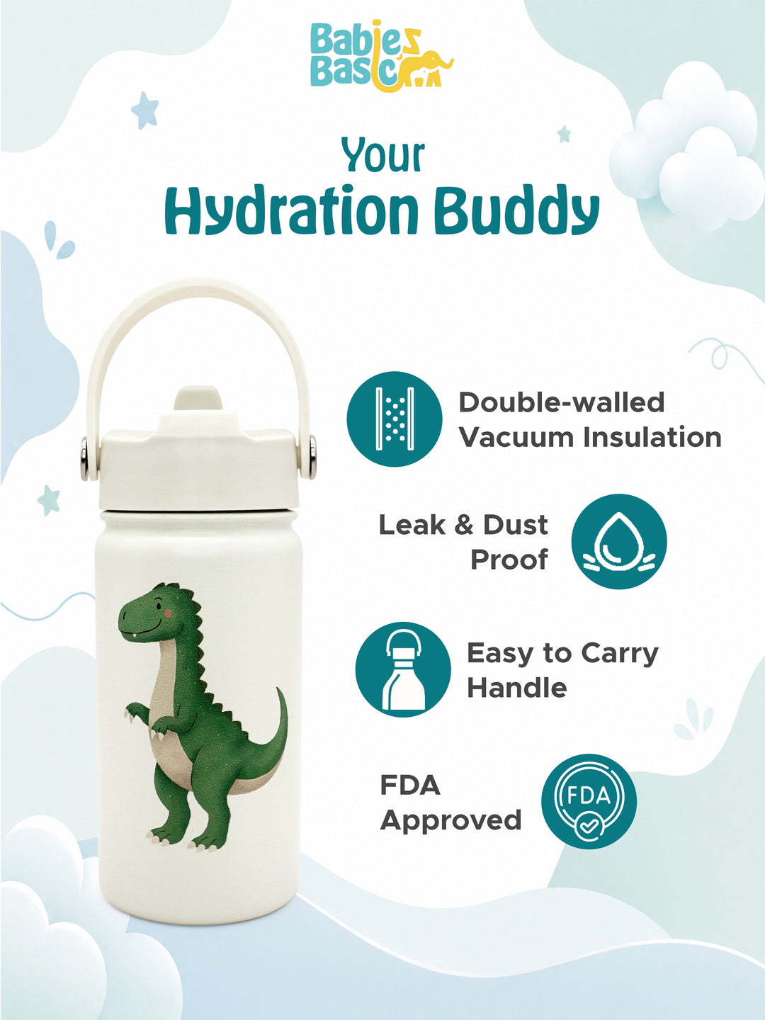 Babies Basic Kids Stainless Steel Water Bottle with Straw - 400ml – Dinosaur Themed - Off White
