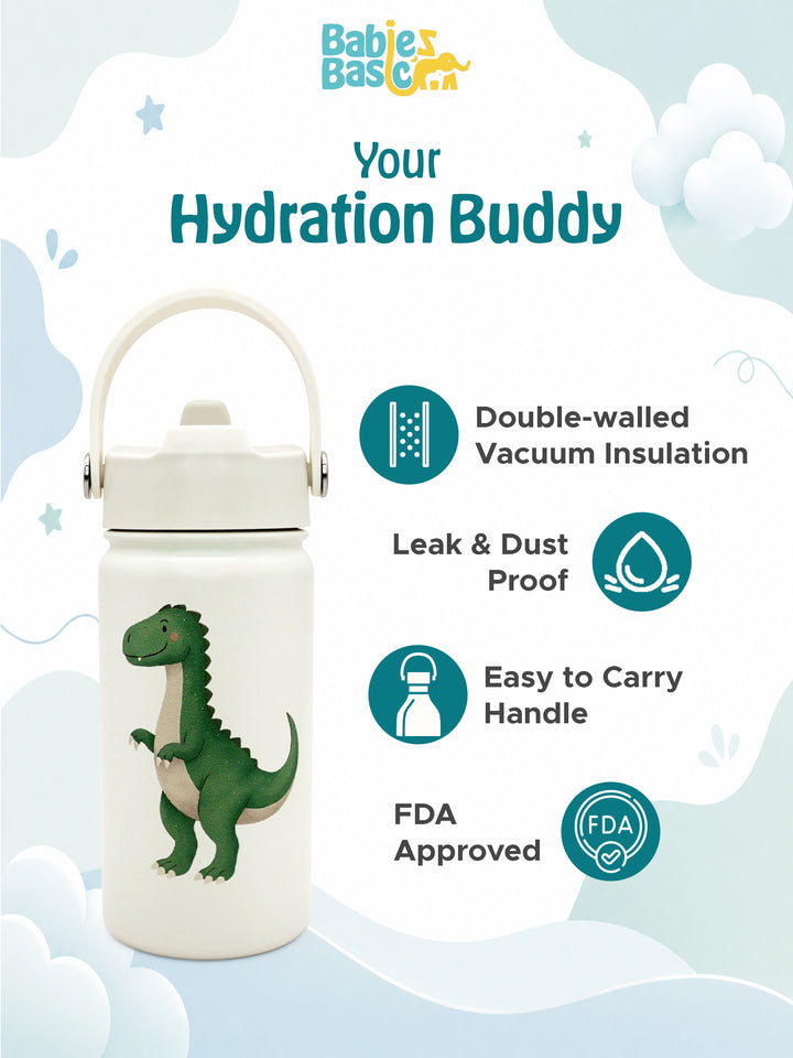 Babies Basic Kids Stainless Steel Water Bottle with Straw - 400ml – Dinosaur Themed - Off White