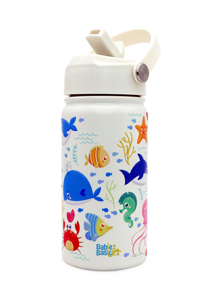 Babies Basic Kids Stainless Steel Water Bottle with Straw - 400ml – Ocean Themed - Off White