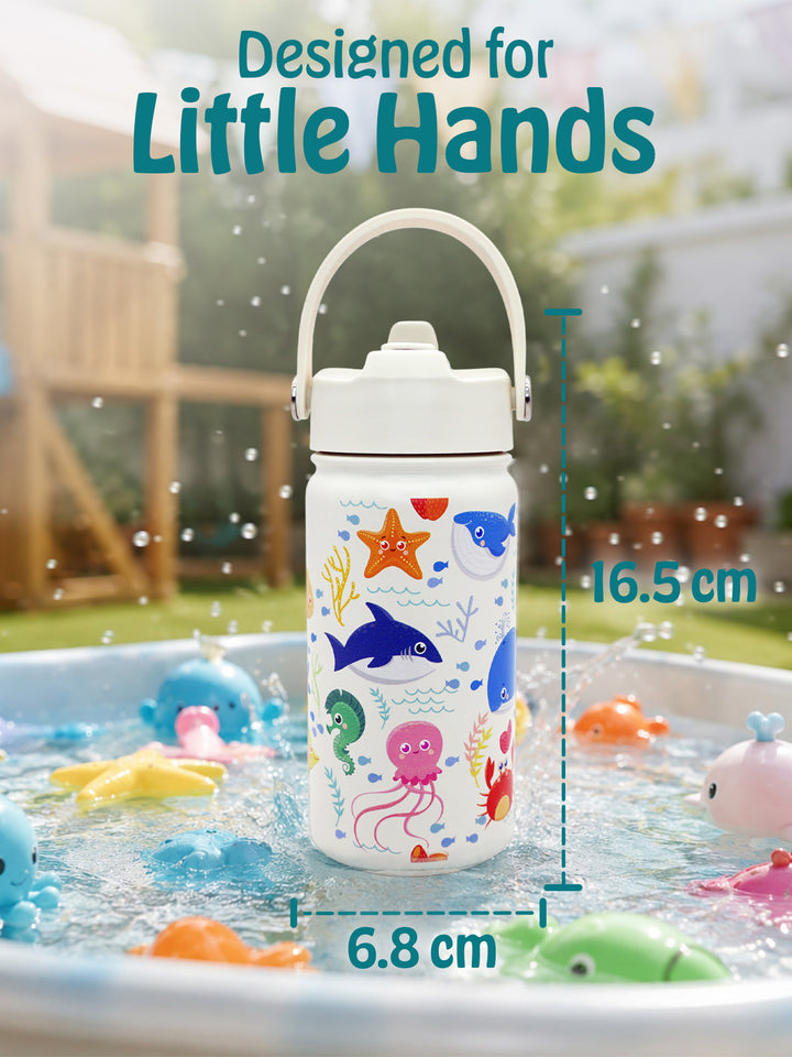 Babies Basic Kids Stainless Steel Water Bottle with Straw - 400ml – Ocean Themed - Off White