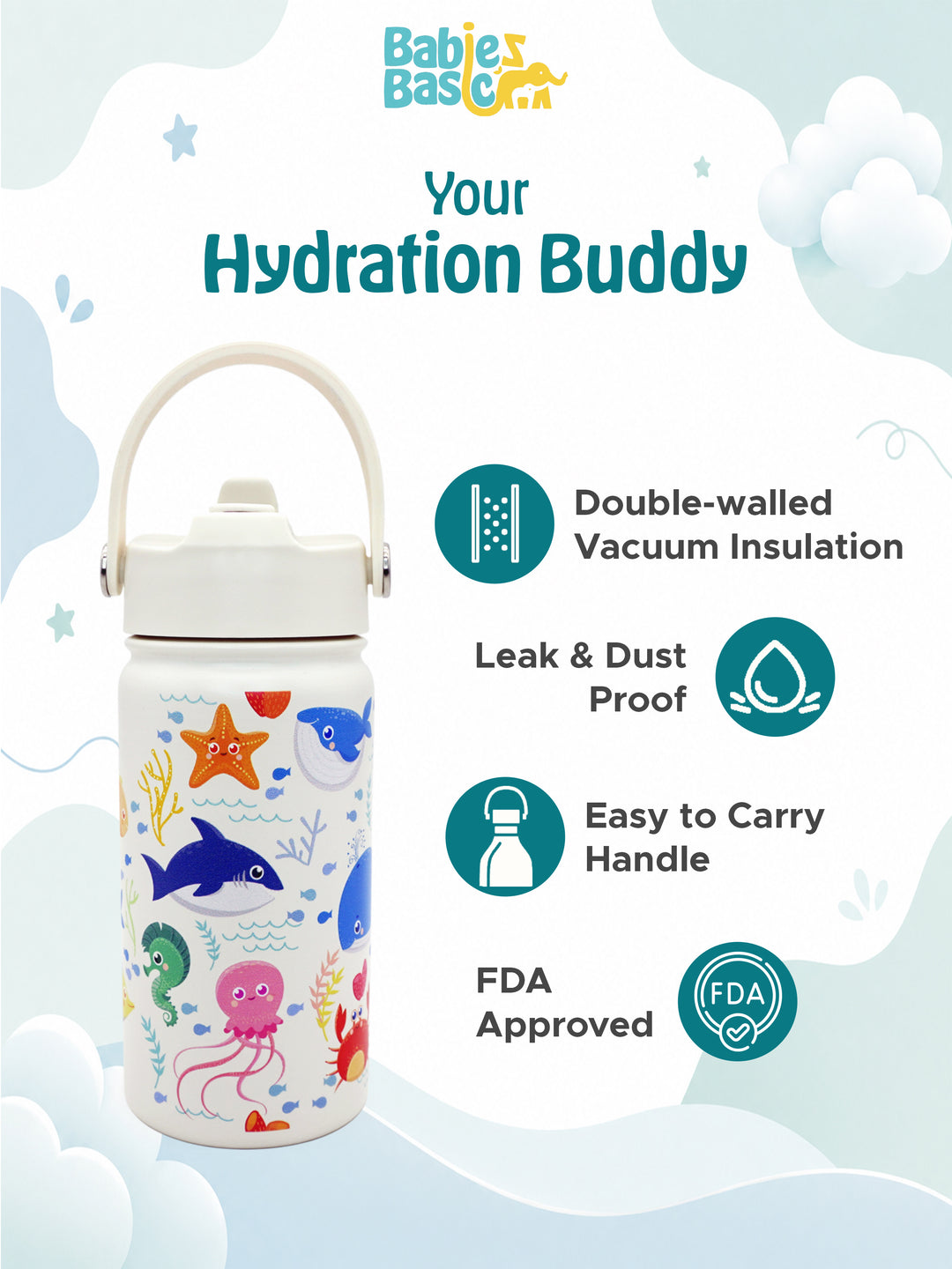 Babies Basic Kids Stainless Steel Water Bottle with Straw - 400ml – Ocean Themed - Off White