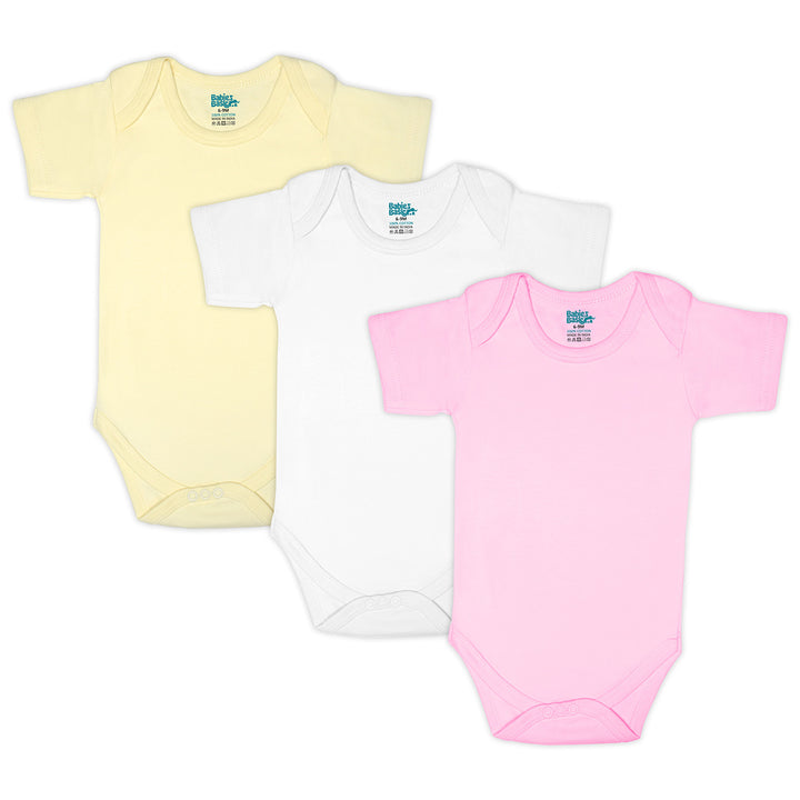 Set of 3 Short Sleeves Rompers/Bodysuits (Pink, Lemon, Cream) - Up to 24 Months | 100% Cotton |  For Soft & Vibrant Comfort