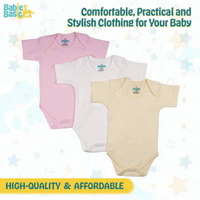 Set of 3 Short Sleeves Rompers/Bodysuits (Pink, Lemon, Cream) - Up to 24 Months | 100% Cotton |  For Soft & Vibrant Comfort