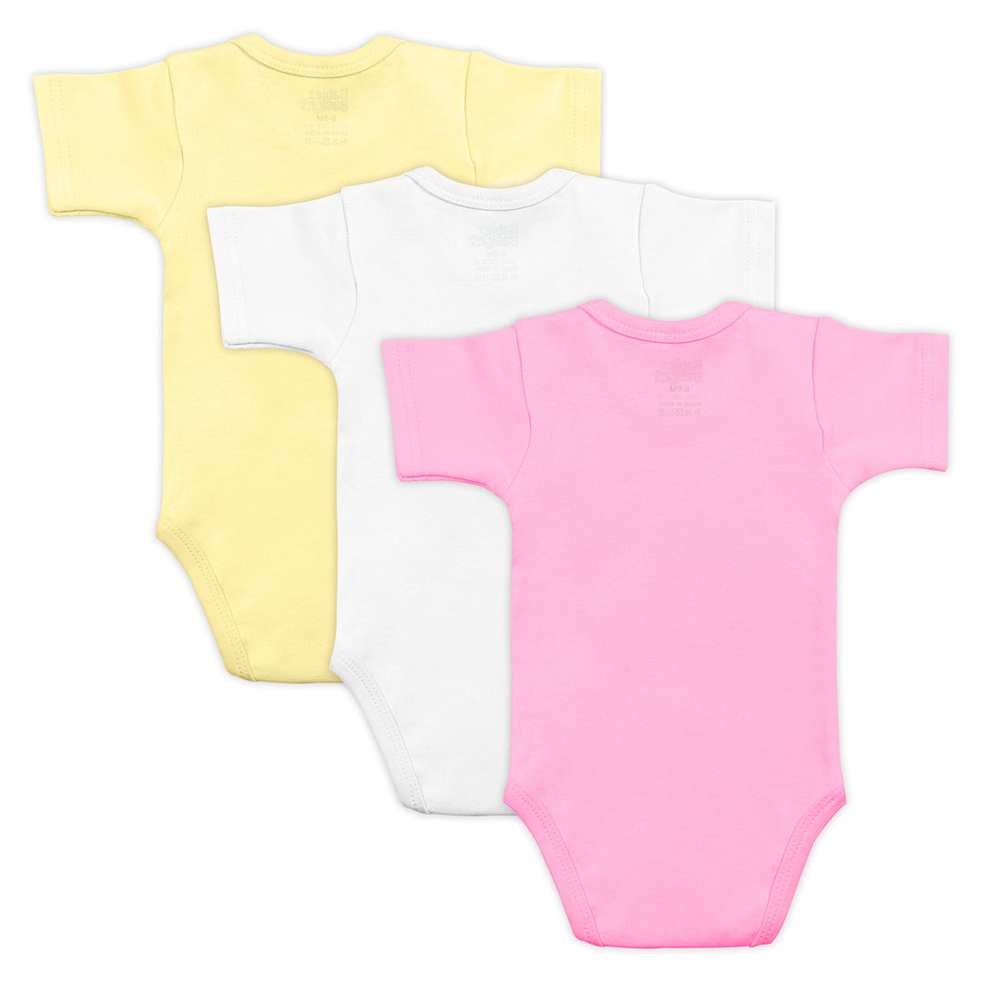 Set of 3 Short Sleeves Rompers/Bodysuits (Pink, Lemon, Cream) - Up to 24 Months | 100% Cotton |  For Soft & Vibrant Comfort