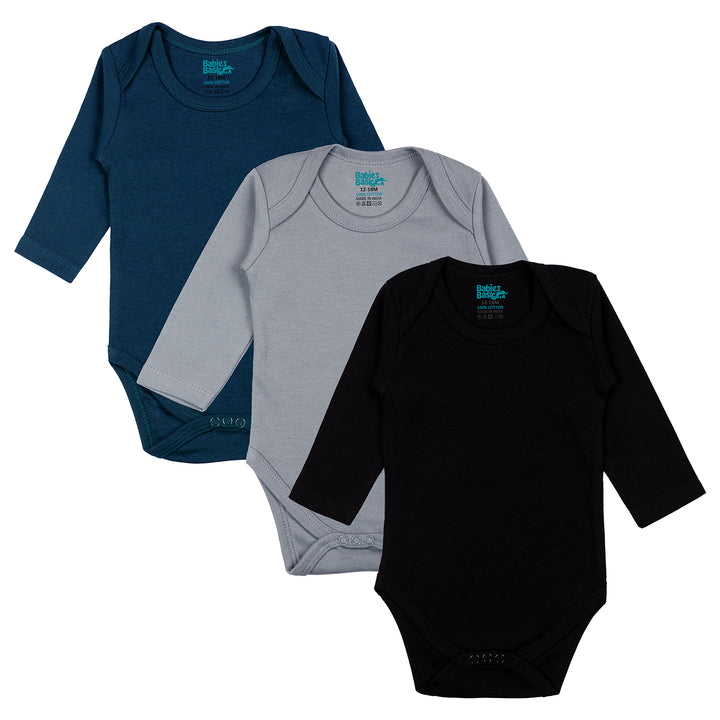 Set of 3 Long Sleeves Rompers/Bodysuits (Black, Navy, Grey) - Up to 24 Months | 100% Cotton |