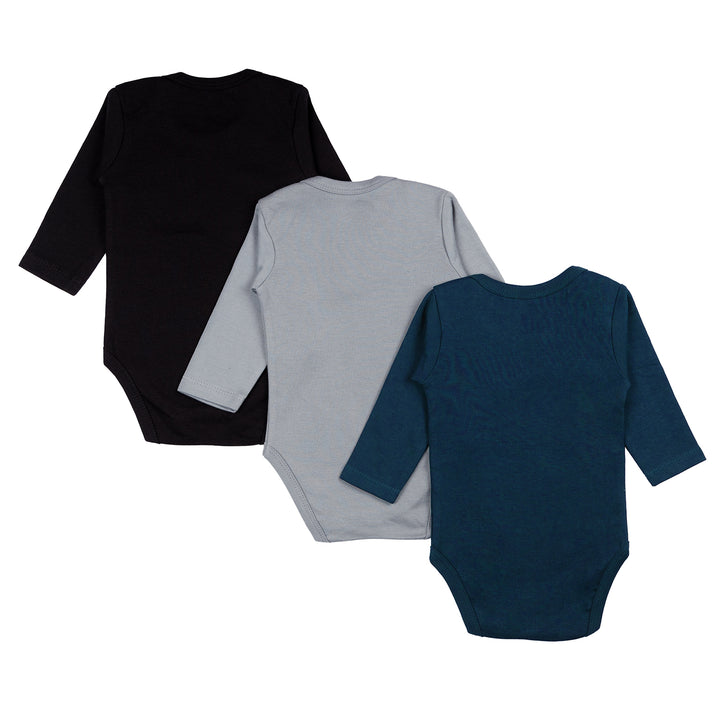 Set of 3 Long Sleeves Rompers/Bodysuits (Black, Navy, Grey) - Up to 24 Months | 100% Cotton |