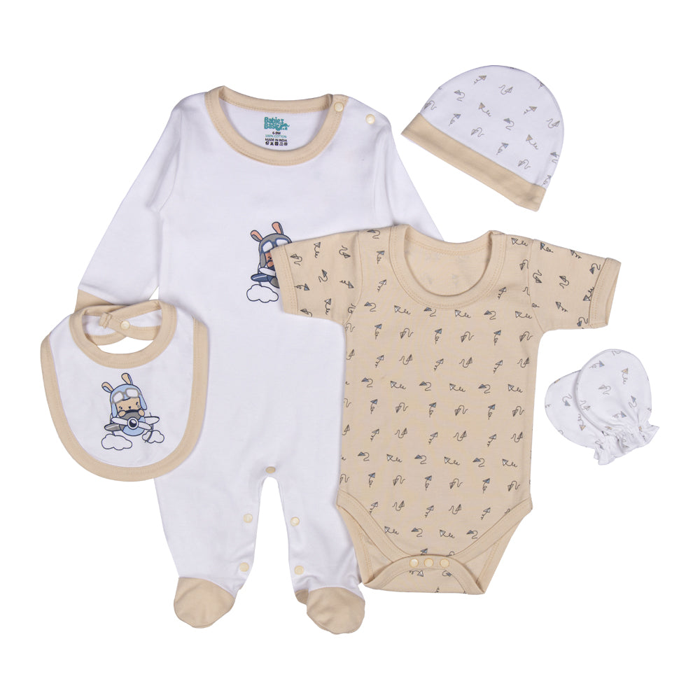 Best Printed Unisex 5 Piece Baby Set in Green | 100% Cotton | Soft & Versatile